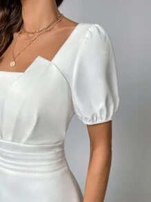 Firerie Solid Symmetrical Neck Peplum Waist A-Line Dresses For Wedding/Engagement,Concert/Rave Festival,Graduation,White Graduation Dress - White - View 3