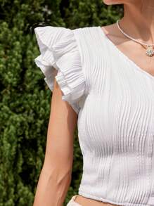 GENKIRA Áo crop top nữ xếp ly cao cấp thời trang, tay nghề thủ công xếp nếp bất đối xứng, áo cánh bó sát đường cong - trắng - Xem 2