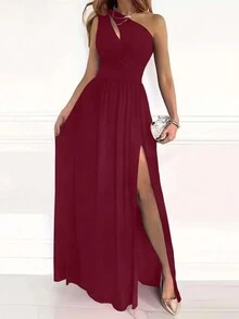 Women's One Shoulder High Split Dresses - Burgundy - View 3