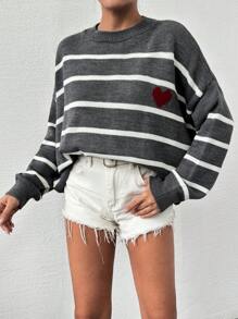 EURMUSE Plus Size Heart Pattern Long Sleeve Striped Sweater - Dark Grey - View 4