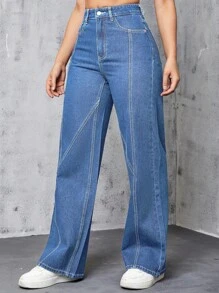 SHEIN EZwear 女性時尚純色寬鬆牛仔長褲 - 中等水洗藍 - 查看 3