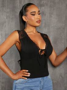 SHEIN SXY Blusas de verano de estilo western para mujeres, blusas negras de tirante para mujer con detalle de encaje - Negro - Ver 4