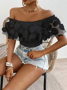 Breezaya Blusa ceñida de hombros descubiertos de moda con parche redondo decorativo - Negro - Ver 4