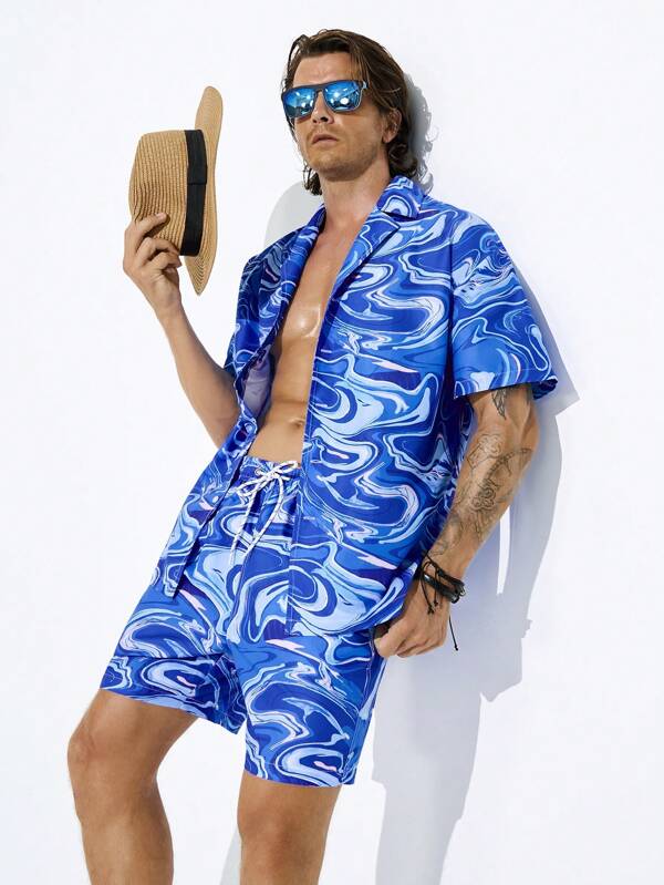 Manfinity Men Fashionable Summer Holiday Style Printed Beach Set,Hawaiian