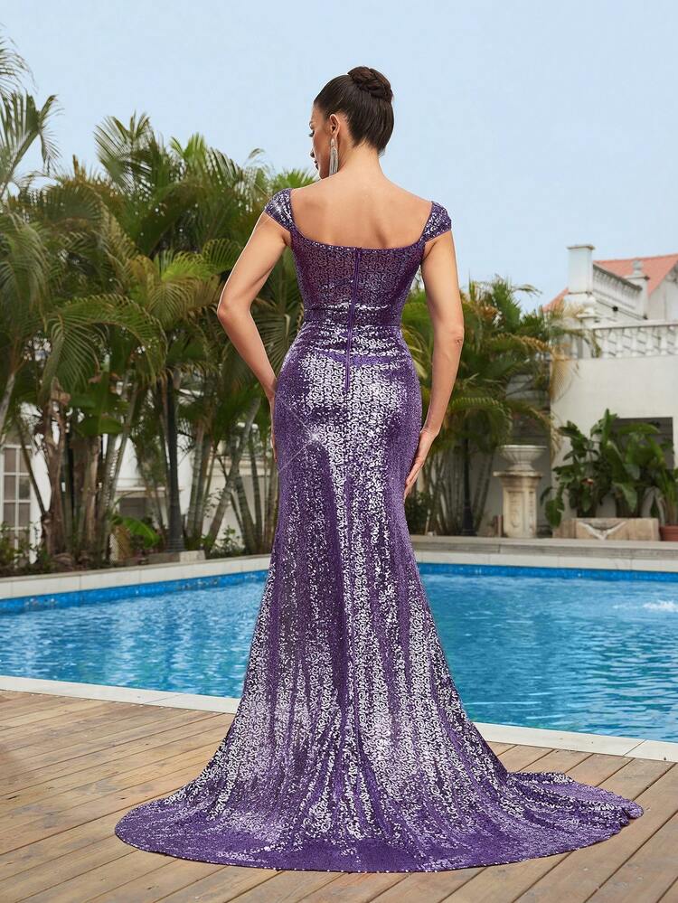 Noble Elegant Purple Square Neck Cap Sleeve Bust Cup Waist Section High Waist Slimming Side Handmade Discounted Side High Split Extra Long Floor Length Trailing Hem Dating Singles Vacation Party Graduation Season Wedding Event Heavy Duty Evening Gowns