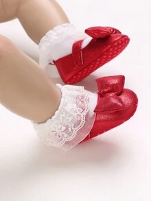 女童禮服鞋，0-1歲嬰幼兒平底鞋 - 紅色 - 查看 2