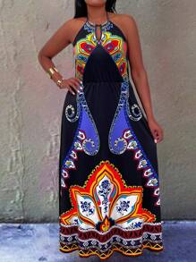 Breezaya Plus Size Women Boho National Style Floral Printed Sleeveless Halterneck Dress, For Summer