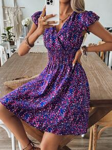 Breezaya Spring/Summer Floral V-Neck Dress With Shirred Waist, Ruffle Trim And Short Flounce Sleeves