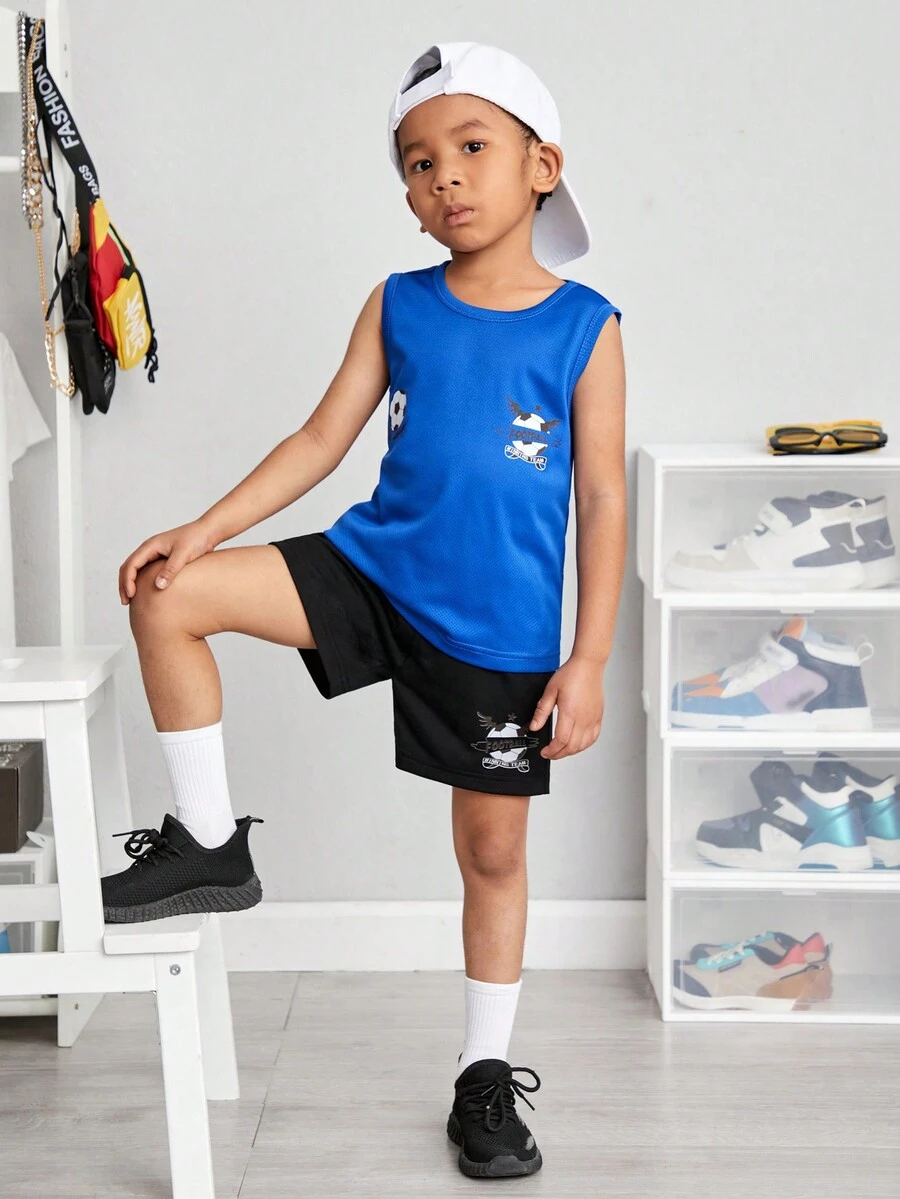 SHEIN Young Boy Football & Letter Printed Vest And Shorts 2pcs/Set - Blue - View 1