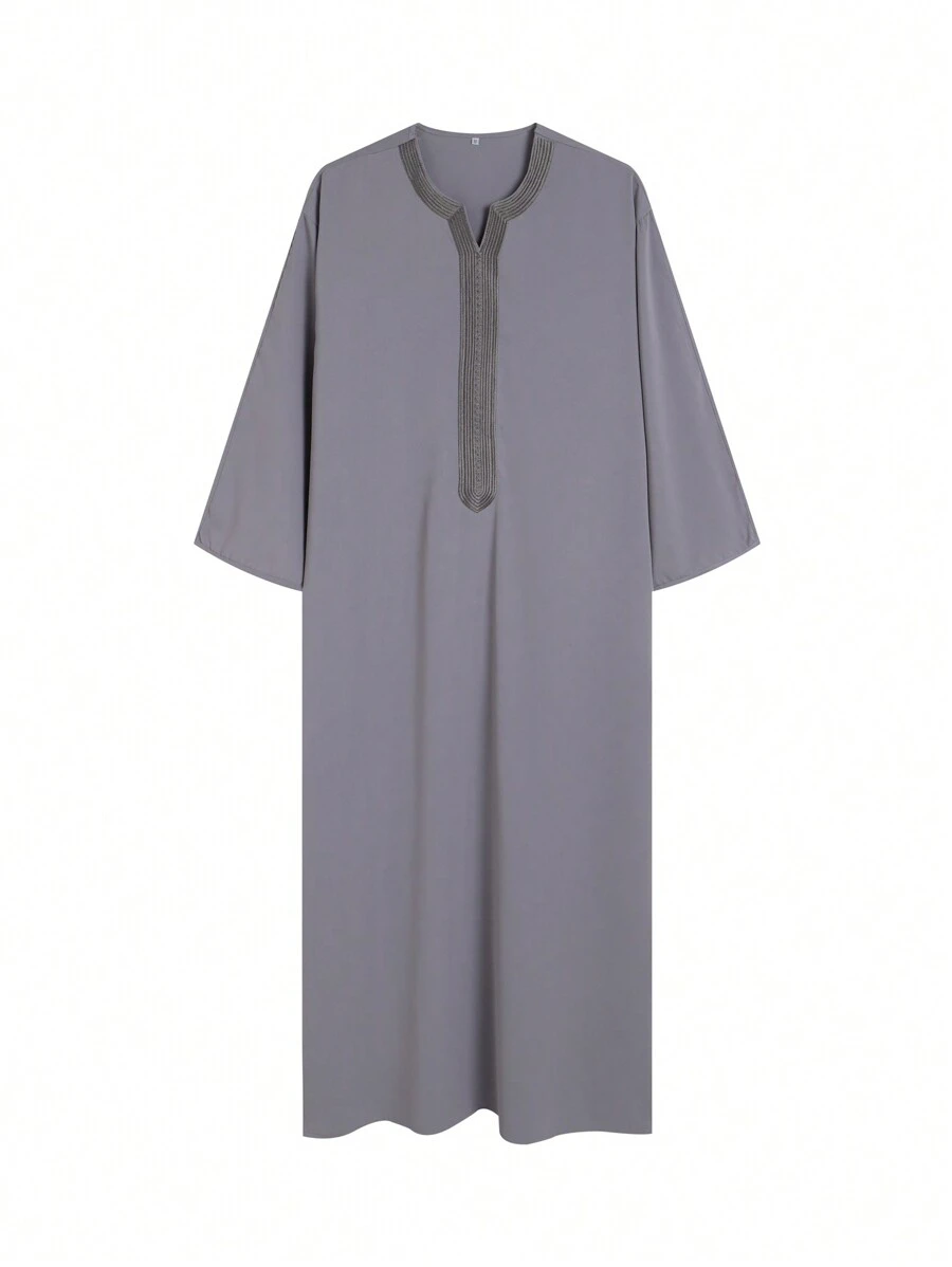 2025年新款灰色穆斯林刺绣男士长袍