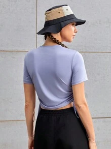 SHEIN Sports Outdoor Camping Hiking Urban Commute Fitness Casual Yoga Sports Cool Drawstring Short Sleeve Round Neck Plain T-Shirt - Purple - View 7