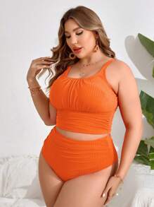 Swim Lushoire Conjunto de Tankini sólido con pliegues para playa de verano en talla grande - Naranja - Ver 3