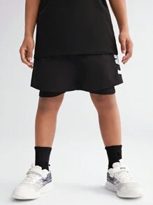 SHEIN Tween Boy Anti-Light Transit Base Layer Shorts With Letter Print Design, Diagonal Side Pockets And Drawstring Waist
