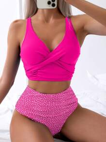 SHEIN Swim 女士夏季海灘純色十字褶皺上衣和波點下襬比基尼套裝，適合度假 - 玫紅色 - 查看 1