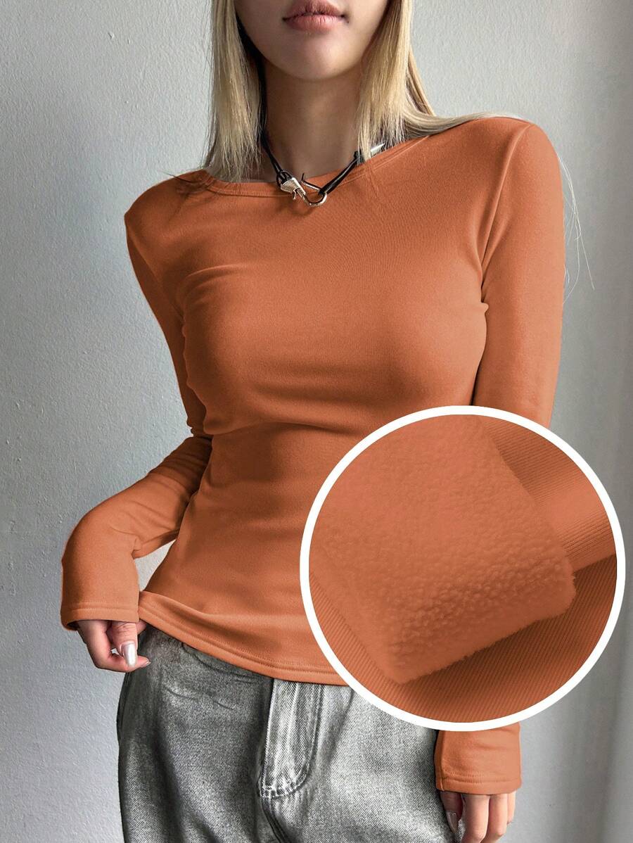 DAZY 纯色圆领保暖长袖女式上衣，带保暖内衬 - 橘色 - 查看 1