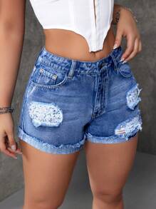 Shorts de mezclilla casuales para mujeres con dobladillo enrollado y estampado floral y bolsillos