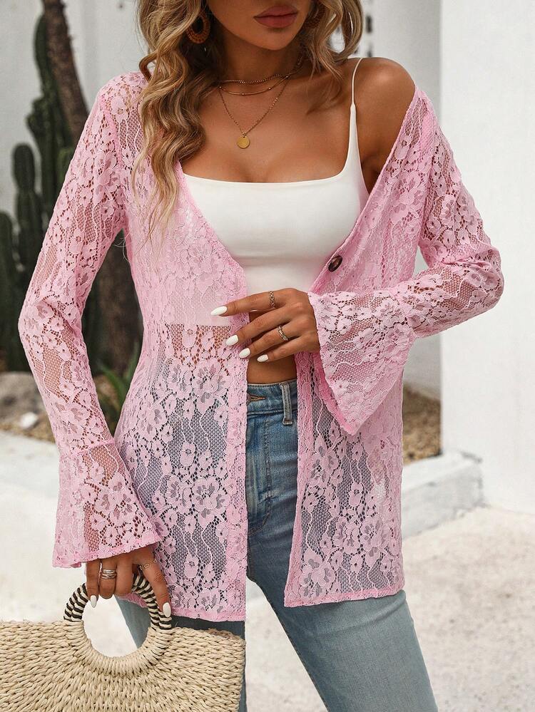Ladies Fashionable Plain Lace Printed Long Sleeve Top