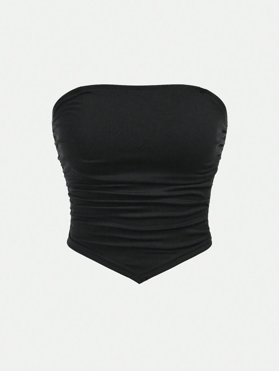 SHEIN 少女针织纯色褶饰不对称下摆休闲抹胸上衣 - 黑色 - 查看 1