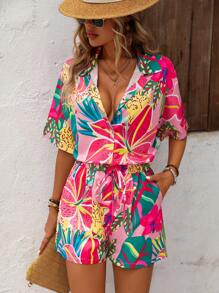 Breezaya Conjunto de camisa y pantalones cortos estampados de leopardo, flores y plantas ideal para vacaciones de verano