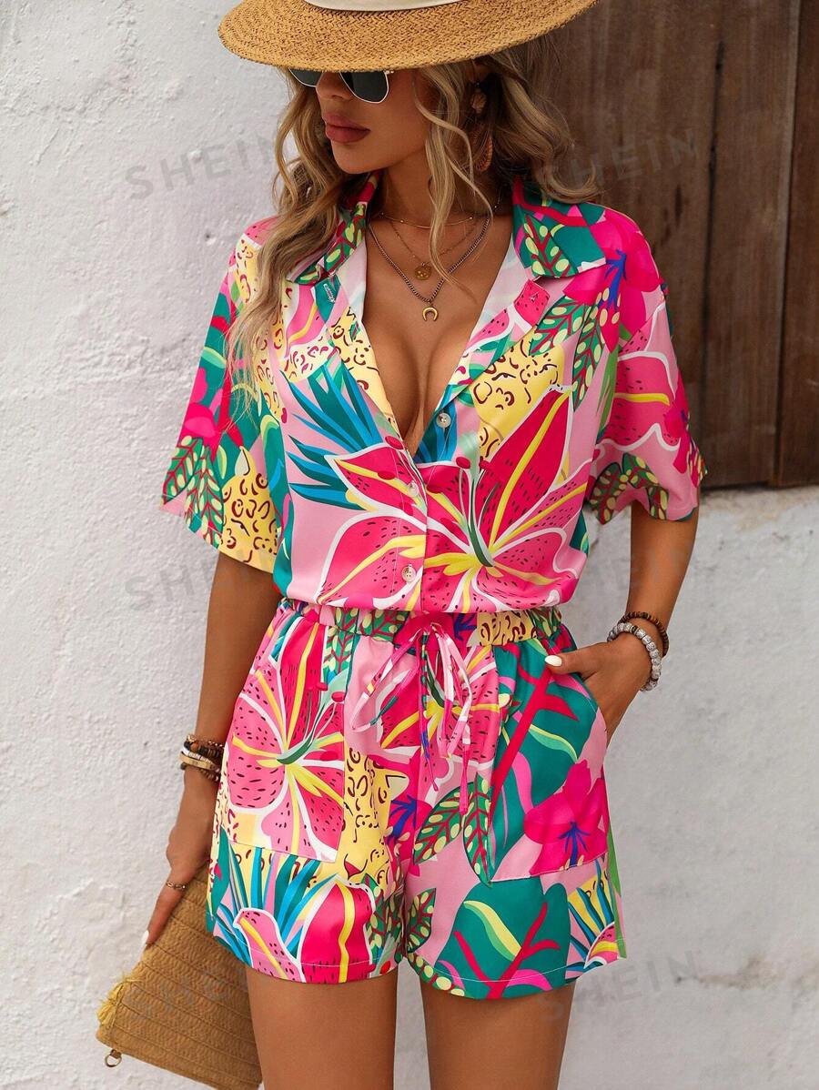 Breezaya Conjunto de camisa y pantalones cortos estampados de leopardo, flores y plantas ideal para vacaciones de verano