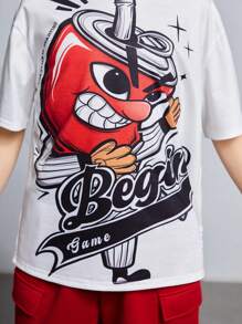 Tween Boy Two Pieces Set Of Loose Fit Cartoon Character Patterned Short-Sleeved Shirt And Shorts