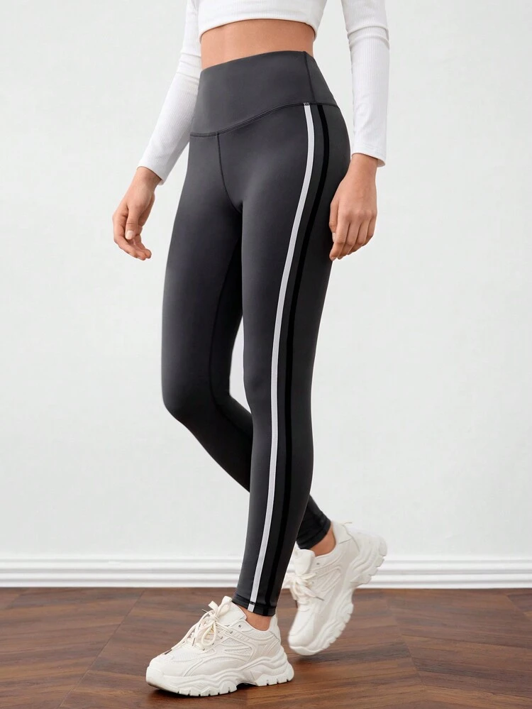 Color Block Stripe Decoration High Waist Elastic Fashionable Casual Sports Leggings