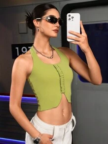 SHEIN Sports Women Summer Short Cutout Halter Sport Tank Top With Patchwork And Ruffle Edge