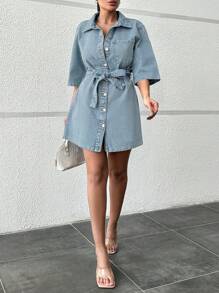 RueChic Denim Dress Medium Wash - Light Wash - View 5