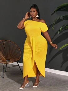 Slaydiva Plus Size Thanh Lịch & Dự Tiệc Trơn Vai Xiên Xẻ Cao Hem Bất Đối Xứng Đầm Nữ Tay Ngắn - Z - Màu vàng - Xem 5