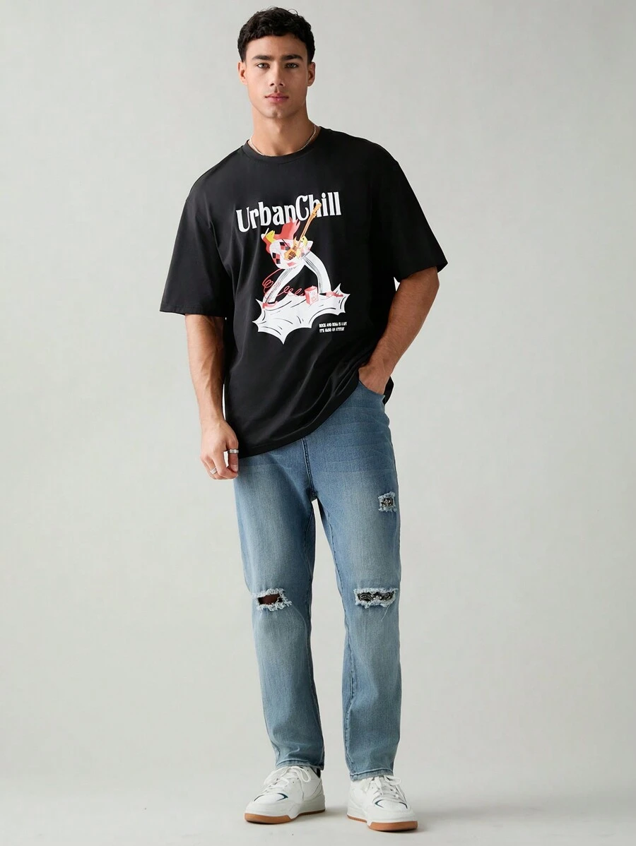 Manfinity VCAY 男士卡通標語印花休閒短袖T恤，夏季款 - 黑色 - 查看 1