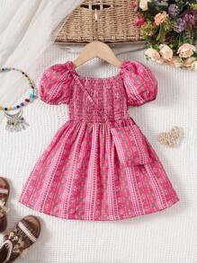 Infant Girls'  Print Puff Sleeve Dress For Daily Wear In Summer