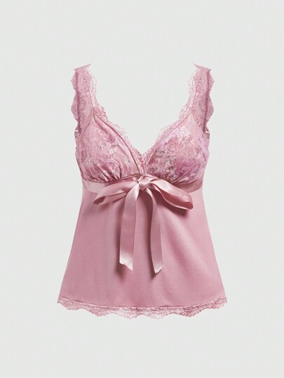 Kawaii Parte superior de estilo muñeca con detalles de lazo, encaje de contraste y patrón de rosa para mujer, para verano y escuela