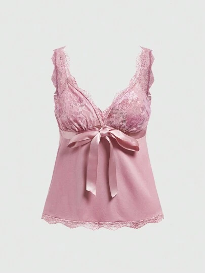 ROMWE Kawaii Women Contrast Lace Rose Pattern Bow Detail Bow Decoration Doll Style Tank Top For Summer, School