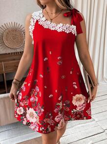 SHEIN Unity Váy mùa hè in họa tiết cổ bất đối xứng thời trang cỡ lớn cho phụ nữ cho quần áo năm mới - Đỏ - Xem 1