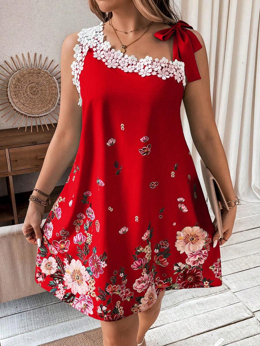 SHEIN Unity Váy mùa hè in họa tiết cổ bất đối xứng thời trang cỡ lớn cho phụ nữ cho quần áo năm mới - Đỏ - Xem 1
