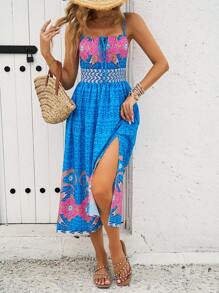 Breezaya Women Summer Vacation Floral Printed Split Front Spaghetti Strap Dress - Multicolor - View 1