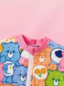 SHEIN X Care Bears 少女夏日沙灘針織可愛卡通熊印花荷葉邊連體泳裝