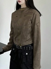 Short Biker Jacket - Retro Faux Suede, Minimalist Motorcycle Style, Zipper Pockets, Perfect For Layering Street Style - Brown - View 4