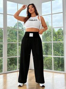 SHEIN EZwear Black Knitted Ladies Plus Size Loose Wide Leg Letter Patterned Casual Pants