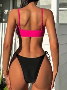 SHEIN Swim Conjunto de bikini con decoración de flores 3D de color contrastante, para verano en la playa - Rosa Fucsia - Ver 2
