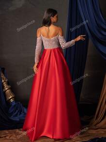 Women's Color Block Off Shoulder Long Sleeve Beaded Decor Long Elegant Evening Dress, Formal
