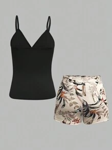 SHEIN Holidaya 女性夏季純色領綁帶背心和熱帶植物印花短褲休閒兩件套 - 黑色 - 查看 2