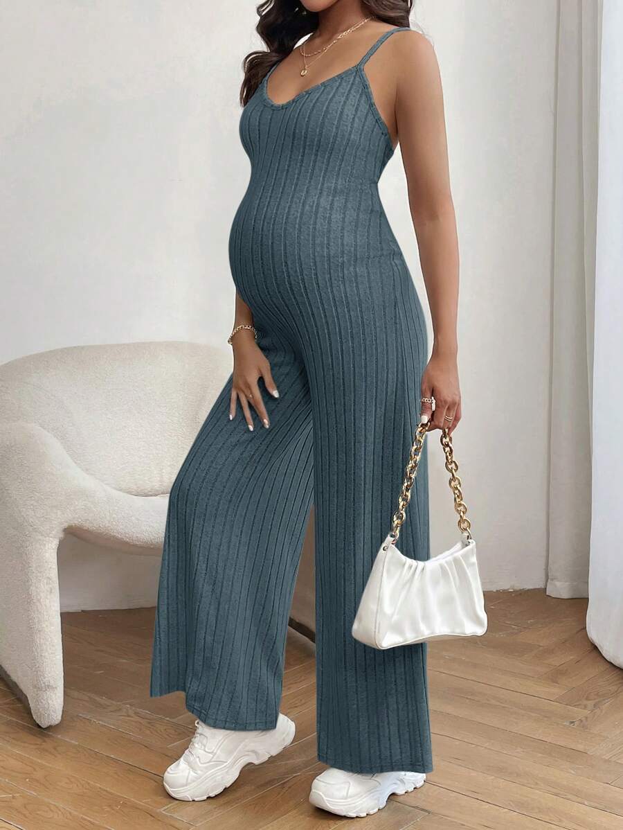 SHEIN Bộ đồ liền thân dây mảnh dệt kim màu trơn đơn giản hàng ngày cho bà bầu - Màu xanh nhạt - Xem 1