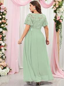 MIUSOL Vestido de festa formal plus size com contraste floral, renda, mangas bufantes, chiffon, para convidada de casamento - Menta verde - Ver 2