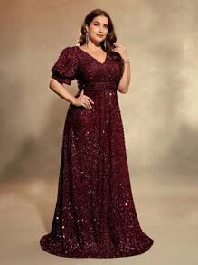 UNITHORSE Plus Size V-Neck Puff Sleeves Formal Dress Party Dress Wedding Guest Dress Evening Dress - Burgundy - View 4