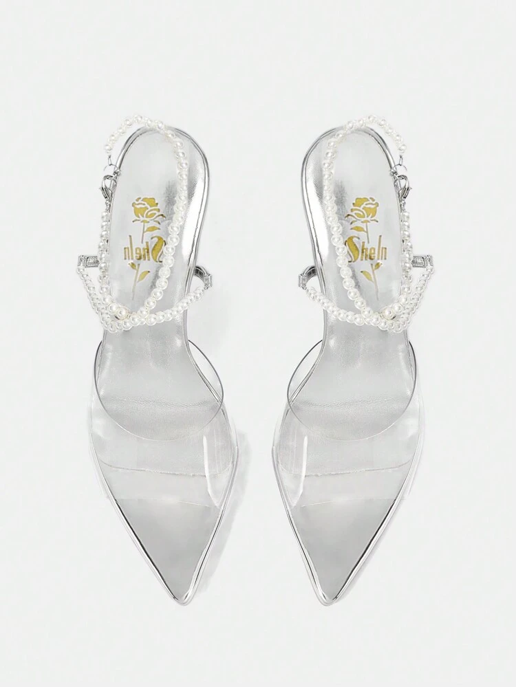 Pointed Toe Stiletto Heels With Transparent Pearl Chain Decoration Sandals For Women