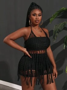 Slaydiva 連領毛邊中空加大碼緊身兩件式套裝，適用於度假 - 黑色 - 查看 5