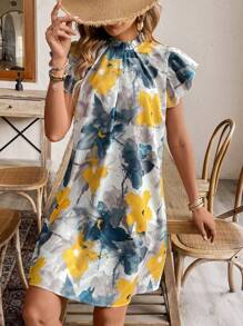 Breezaya Women Fashionable Floral Print Ruffled Sleeve Dress Vacation Beach Outfit