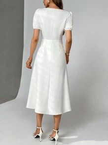 Firerie Solid Symmetrical Neck Peplum Waist A-Line Dresses For Wedding/Engagement,Concert/Rave Festival,Graduation,White Graduation Dress - White - View 6