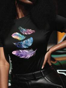 SHEIN LUNE 羽毛印花圓領短袖t恤 - 黑色 - 查看 1